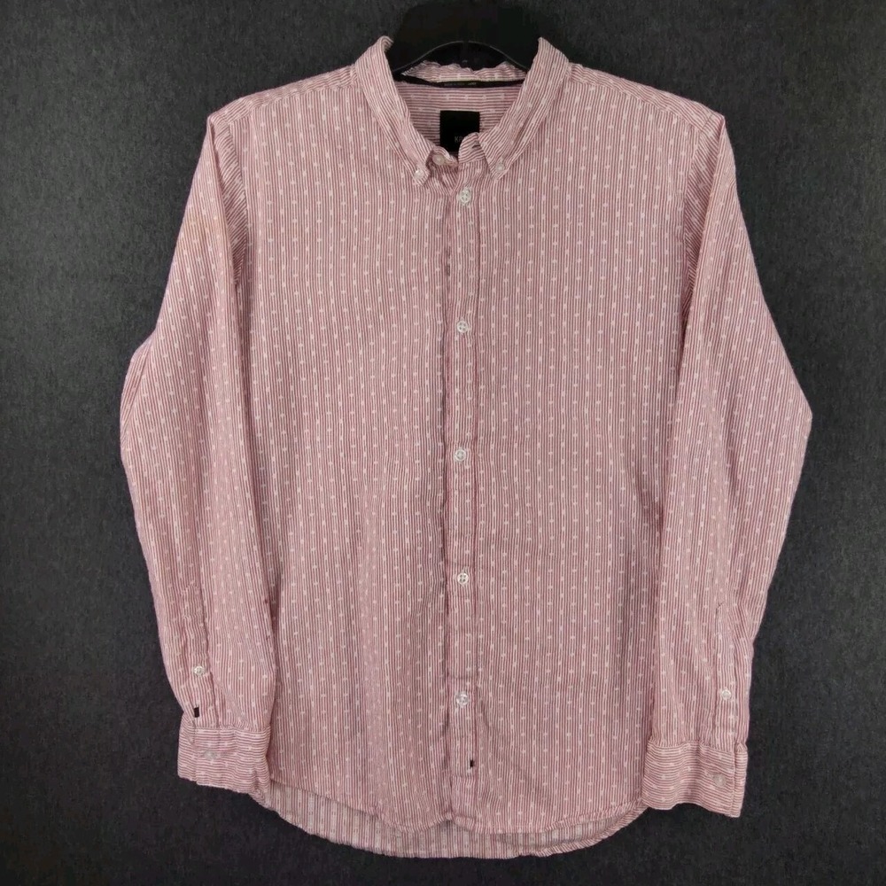 ✅👔🚨🎁🎄Rare KR3W Mens L Buttoned Up Collar Long Sleeve Shirt Red/White 📸SEE📏
